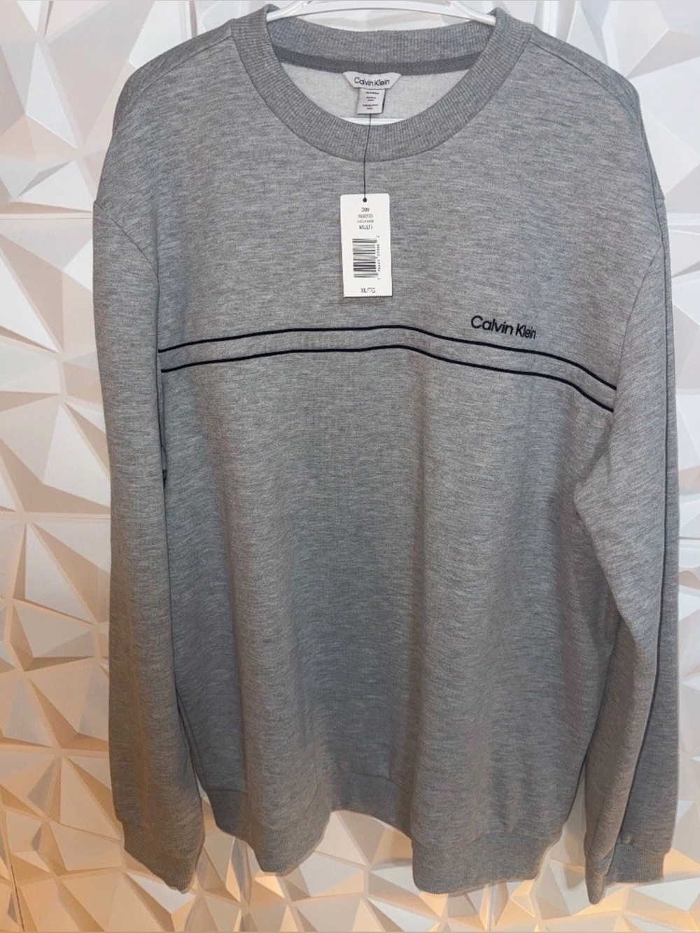 Calvin Klein Light Grey Crewneck with Navy Stripe Detail - NWT